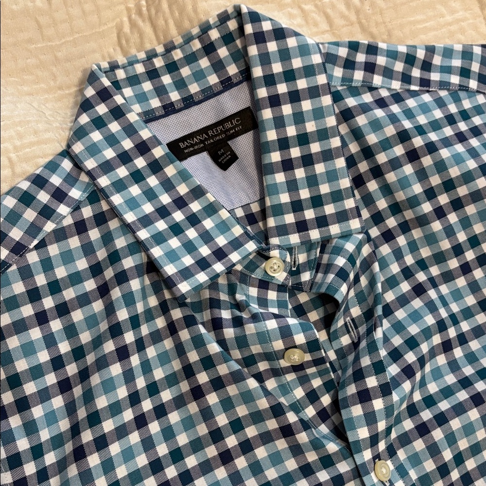 Banana Republic Men's Teal and White Plaid Shirt